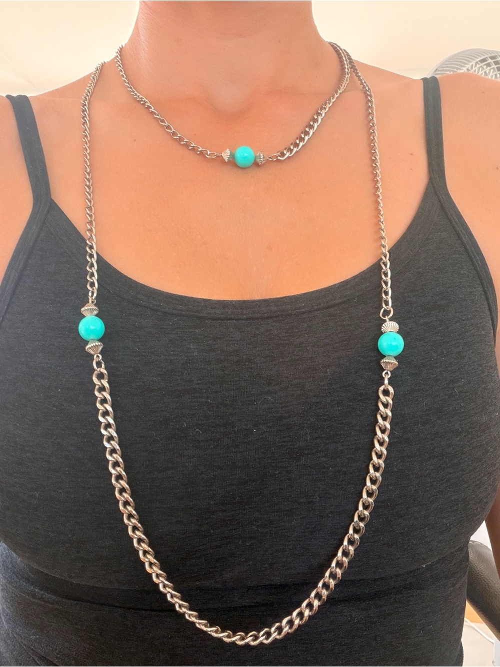 Silver Chain Necklace with Turquoise Beads - Women Jewelry
